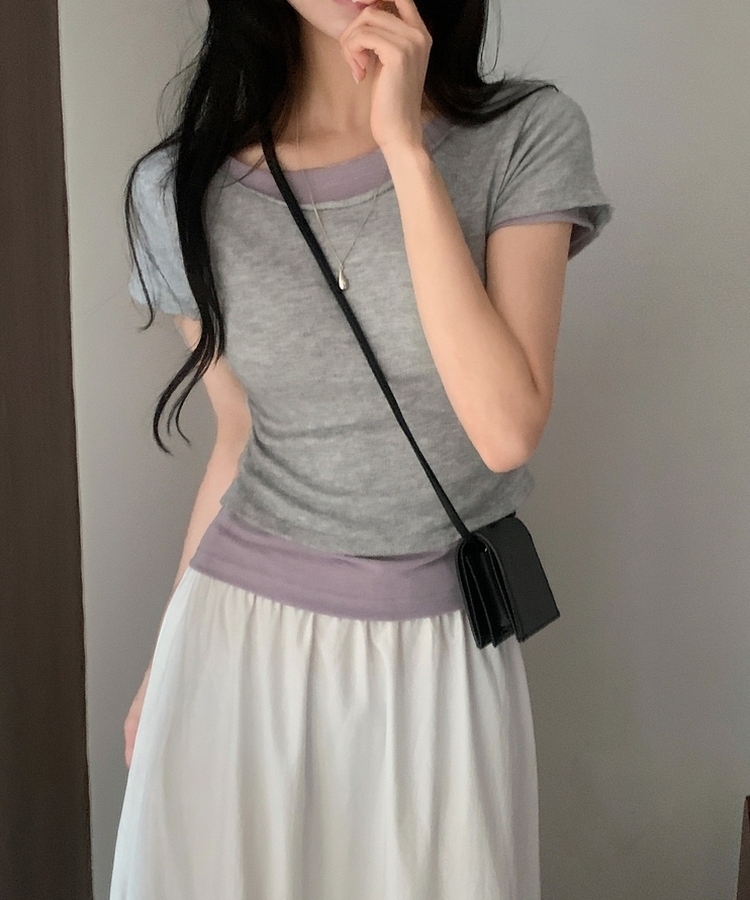 델리 레이어드 보트넥 셔링 여리핏 반팔 니트티셔츠 투피스 8color 그레이