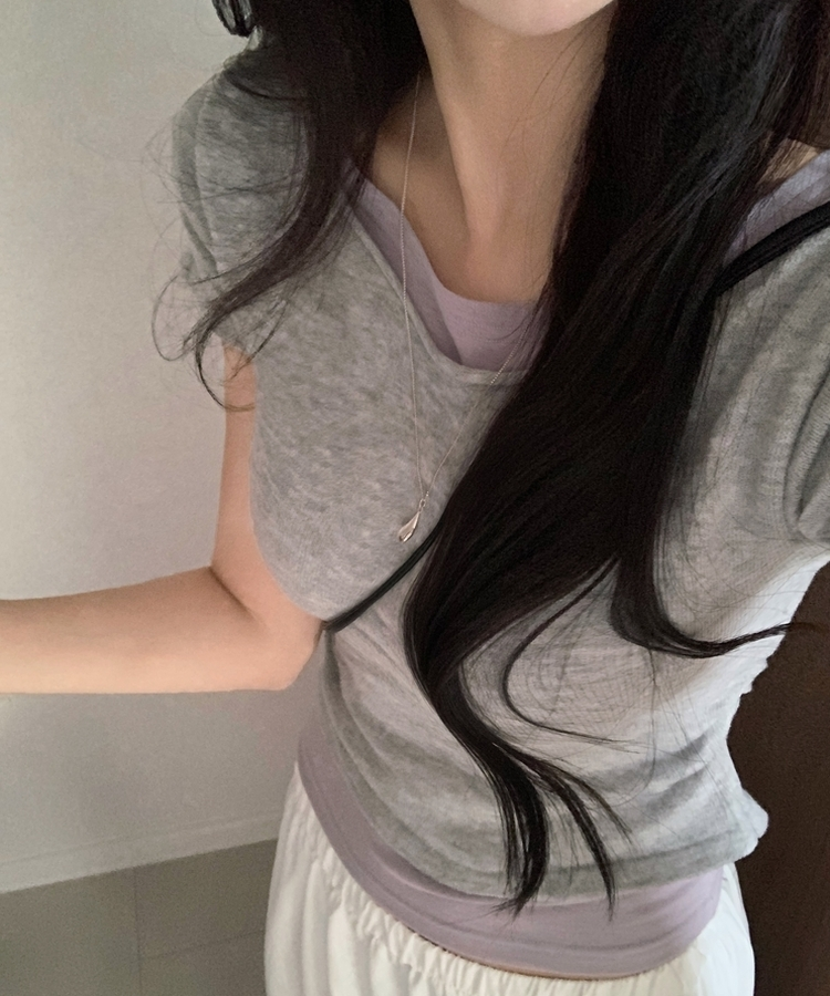델리 레이어드 보트넥 셔링 여리핏 반팔 니트티셔츠 투피스 8color 그레이