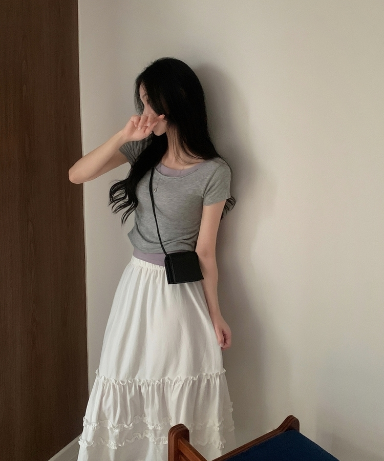 델리 레이어드 보트넥 셔링 여리핏 반팔 니트티셔츠 투피스 8color 그레이