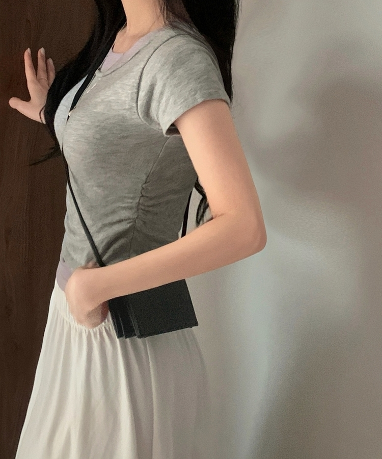 델리 레이어드 보트넥 셔링 여리핏 반팔 니트티셔츠 투피스 8color 그레이