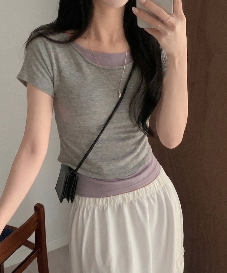 델리 레이어드 보트넥 셔링 여리핏 반팔 니트티셔츠 투피스 8color 그레이