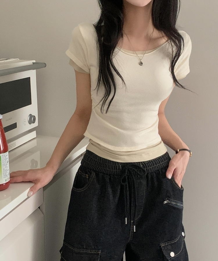 델리 레이어드 보트넥 셔링 여리핏 반팔 니트티셔츠 투피스 8color 아이보리