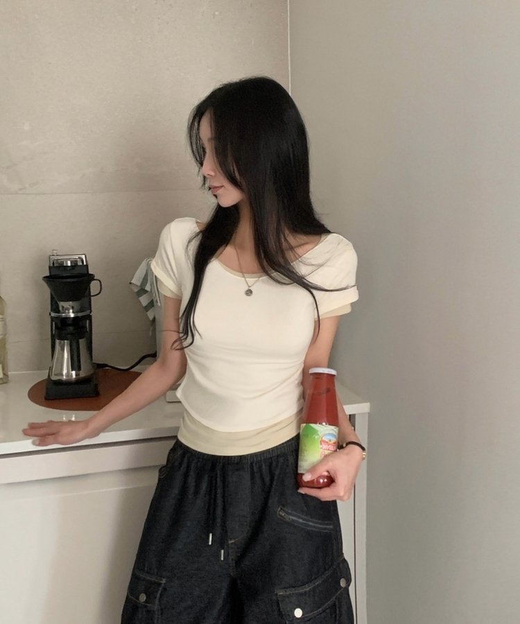 델리 레이어드 보트넥 셔링 여리핏 반팔 니트티셔츠 투피스 8color 아이보리