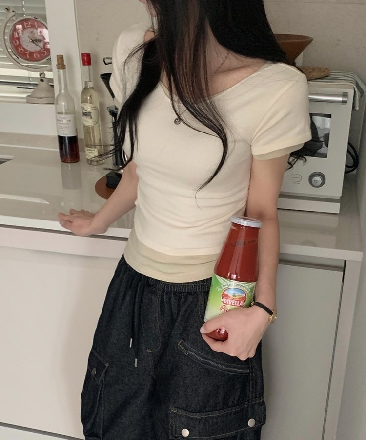 델리 레이어드 보트넥 셔링 여리핏 반팔 니트티셔츠 투피스 8color 아이보리