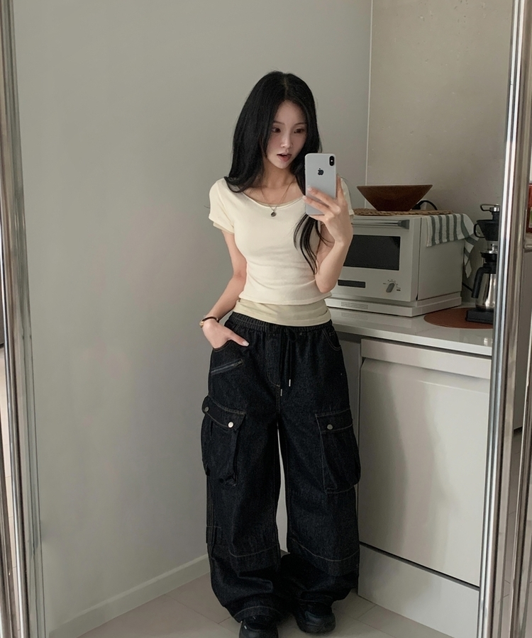 델리 레이어드 보트넥 셔링 여리핏 반팔 니트티셔츠 투피스 8color 아이보리