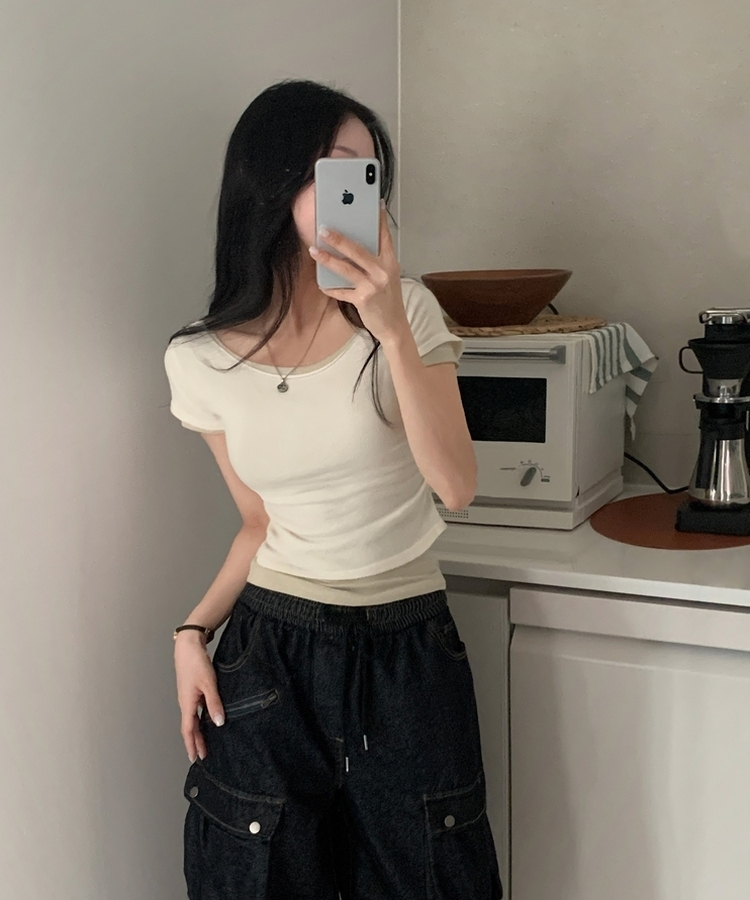 델리 레이어드 보트넥 셔링 여리핏 반팔 니트티셔츠 투피스 8color 아이보리