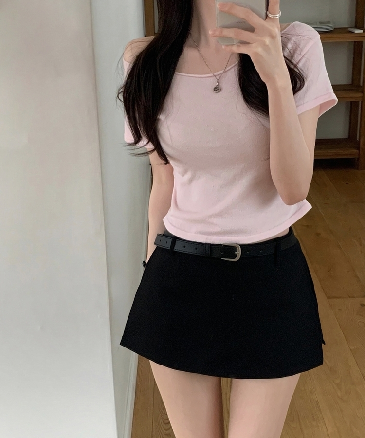 델리 레이어드 보트넥 셔링 여리핏 반팔 니트티셔츠 투피스 8color 핑크