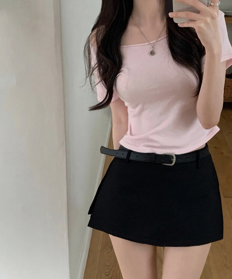 델리 레이어드 보트넥 셔링 여리핏 반팔 니트티셔츠 투피스 8color 핑크