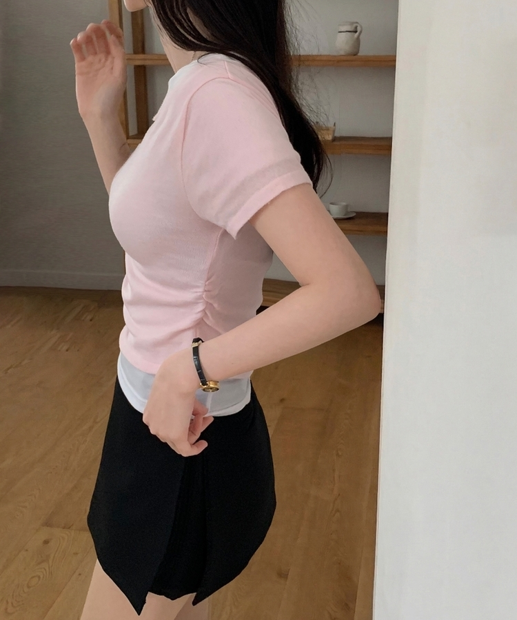 델리 레이어드 보트넥 셔링 여리핏 반팔 니트티셔츠 투피스 8color 핑크