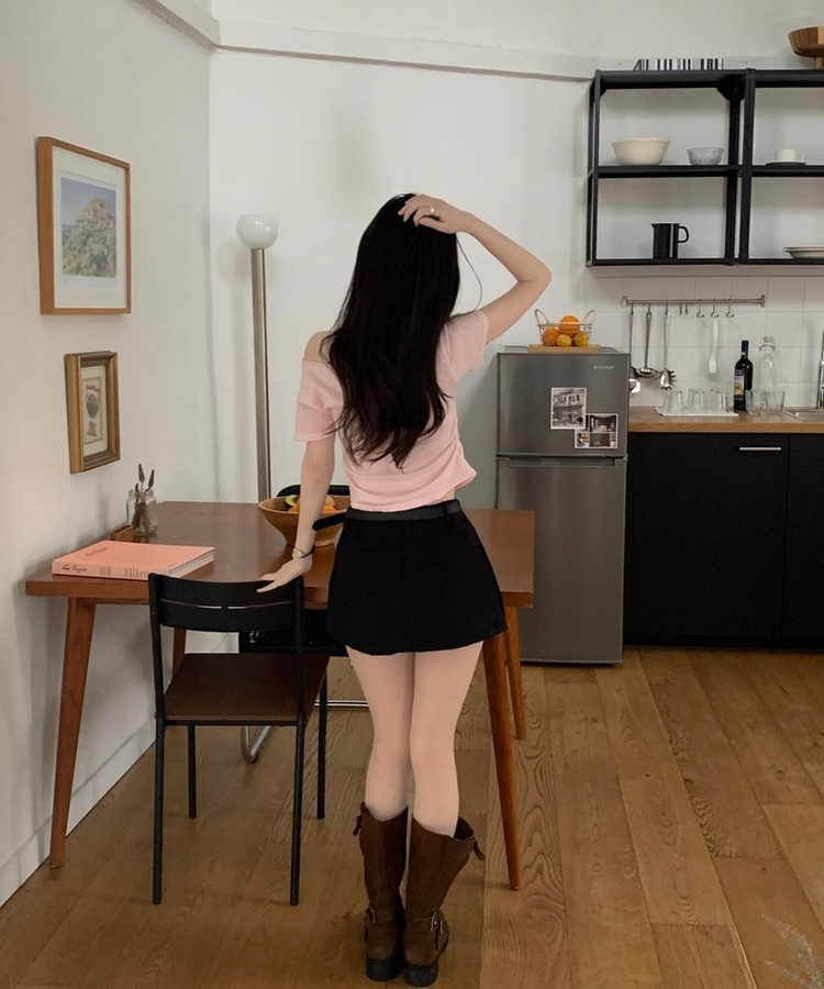 델리 레이어드 보트넥 셔링 여리핏 반팔 니트티셔츠 투피스 8color 핑크