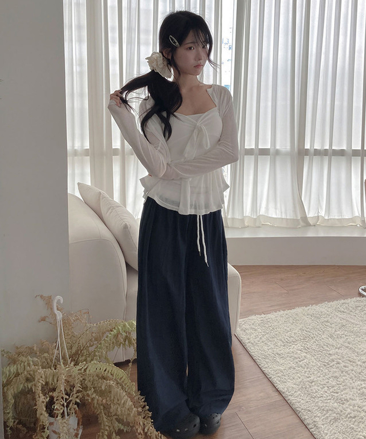 여름까지쭉 링거 쿨링 바스락 와이드 배색 밴딩 팬츠 봄신상 봄팬츠 여름팬츠 네이비
