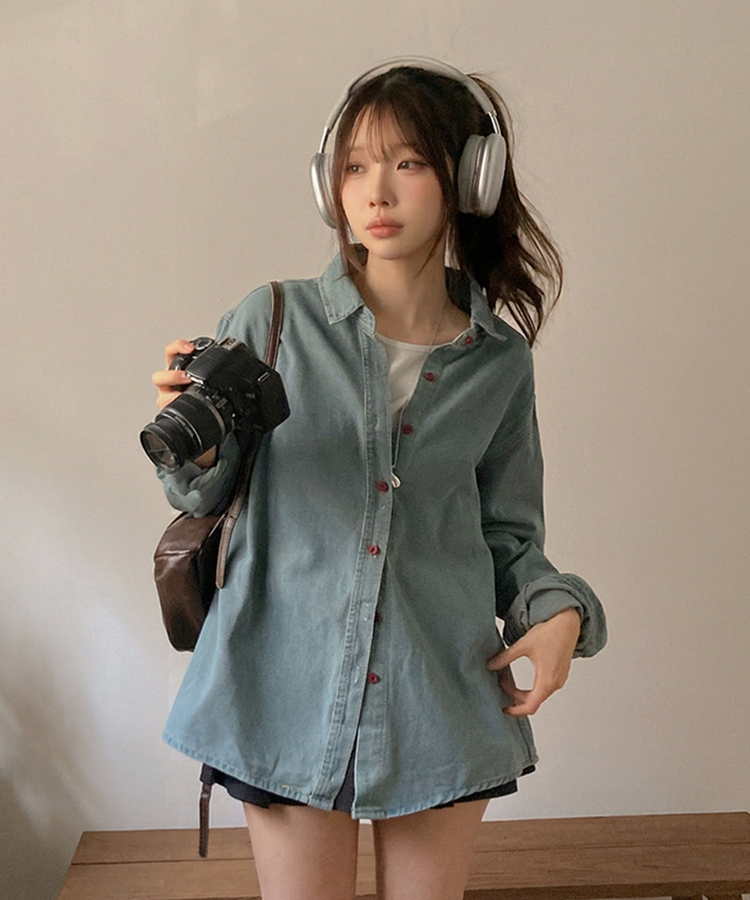 콜로 레드 버튼 포인트 루즈핏 탄탄 데님 청 셔츠 연청