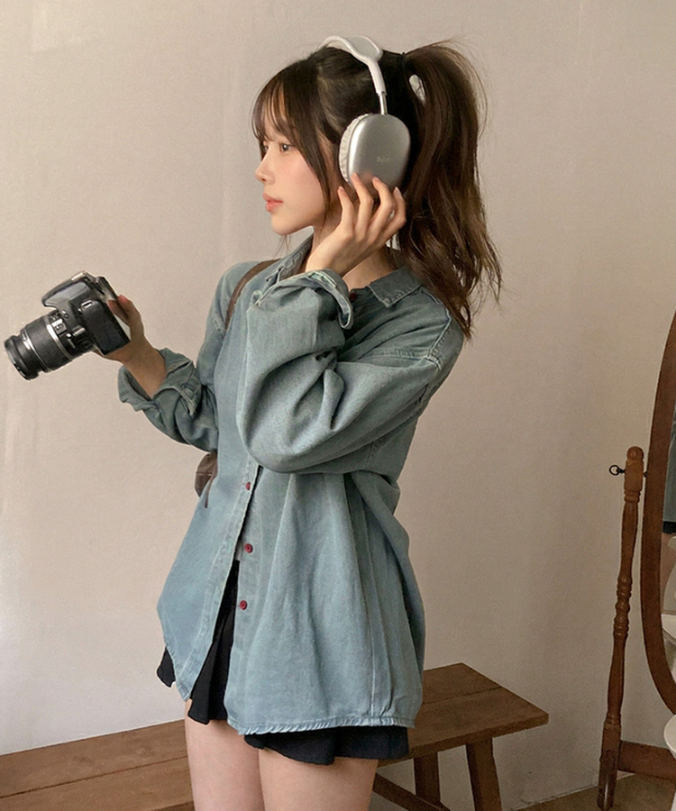 콜로 레드 버튼 포인트 루즈핏 탄탄 데님 청 셔츠 연청