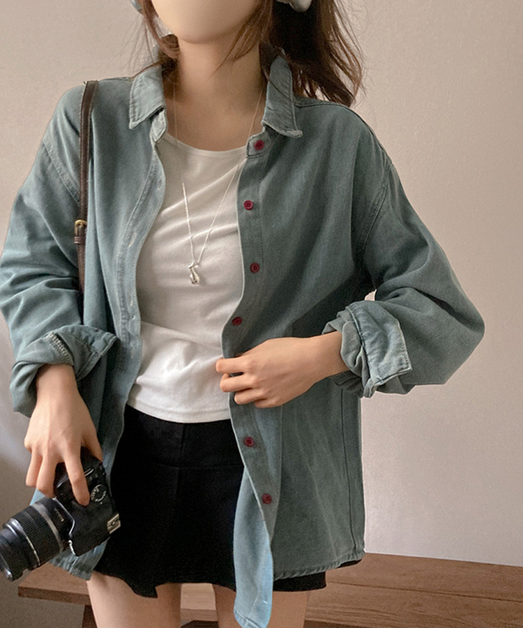 콜로 레드 버튼 포인트 루즈핏 탄탄 데님 청 셔츠 연청