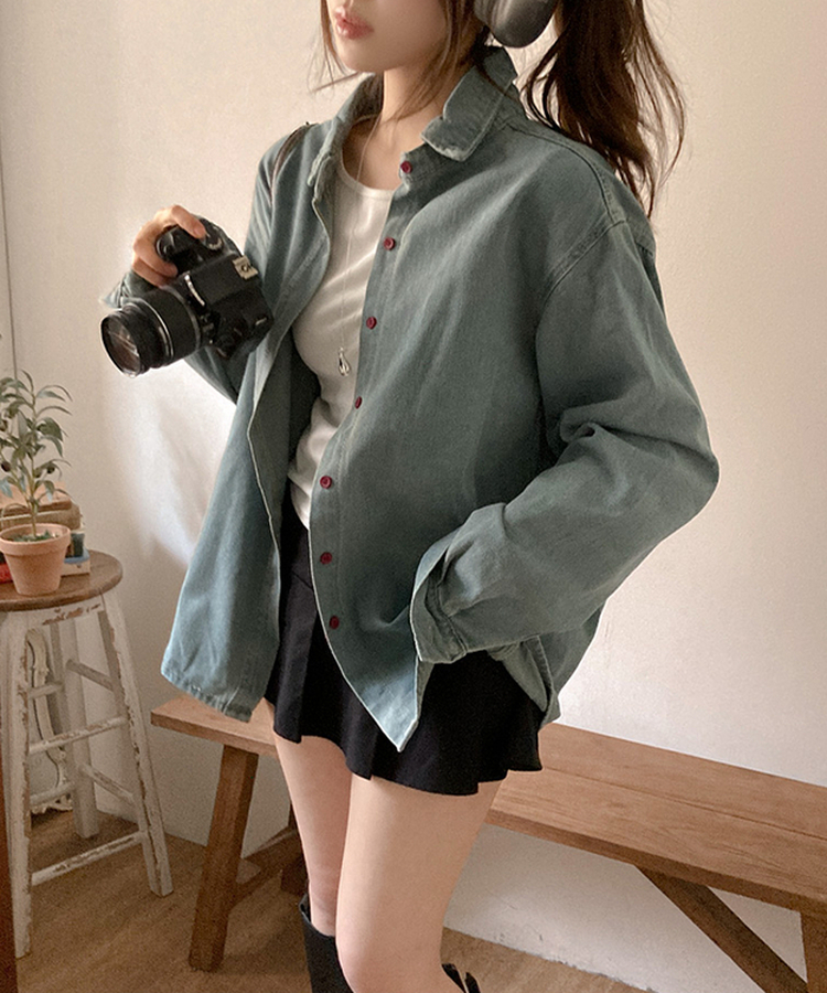 콜로 레드 버튼 포인트 루즈핏 탄탄 데님 청 셔츠 연청