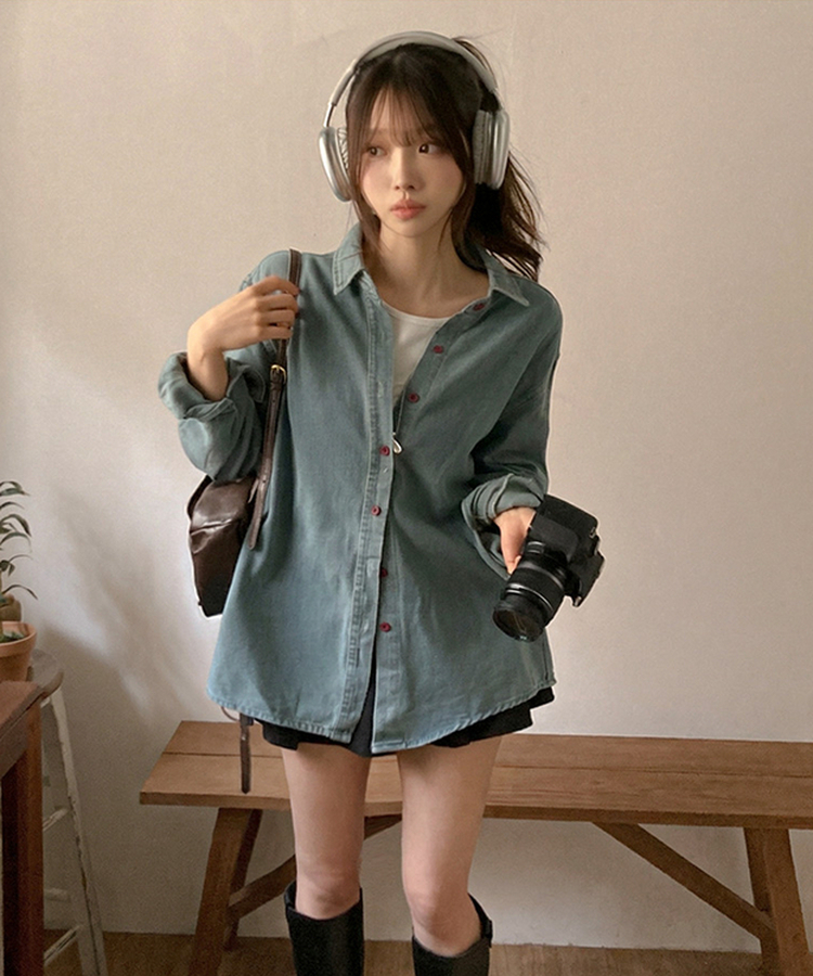 콜로 레드 버튼 포인트 루즈핏 탄탄 데님 청 셔츠 연청