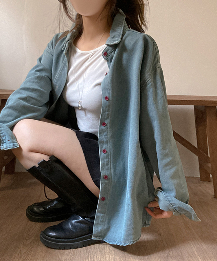 콜로 레드 버튼 포인트 루즈핏 탄탄 데님 청 셔츠 연청