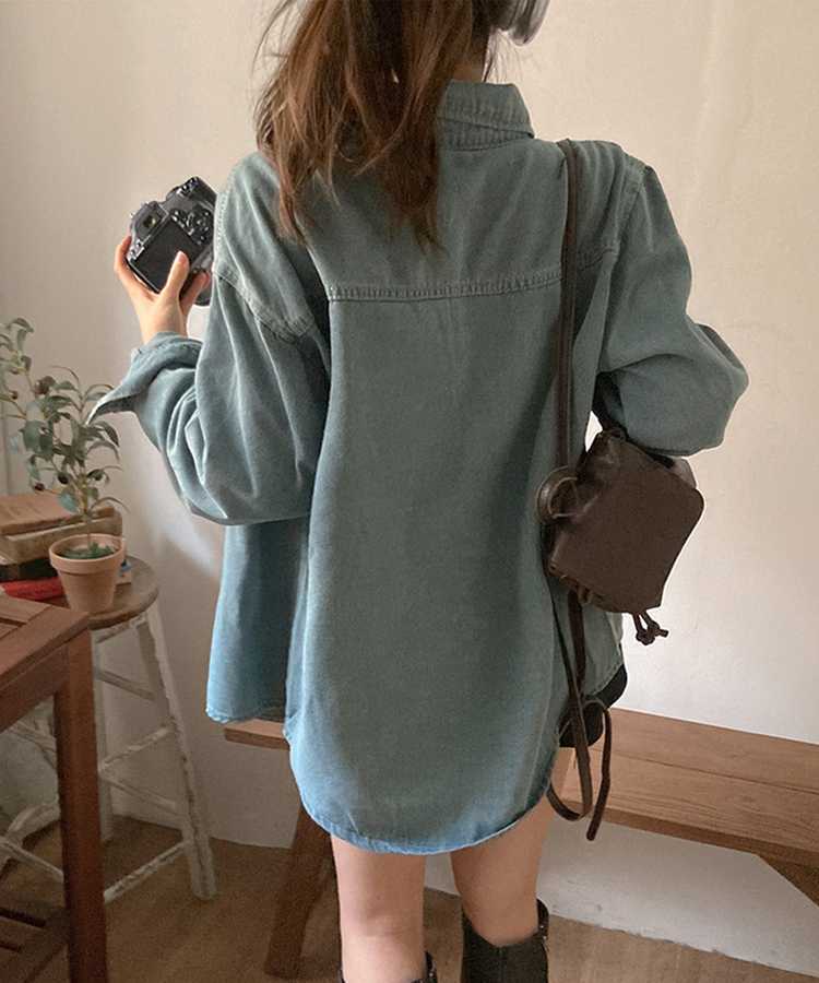 콜로 레드 버튼 포인트 루즈핏 탄탄 데님 청 셔츠 연청