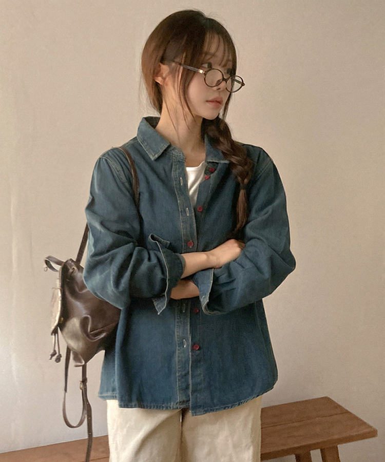콜로 레드 버튼 포인트 루즈핏 탄탄 데님 청 셔츠 진청