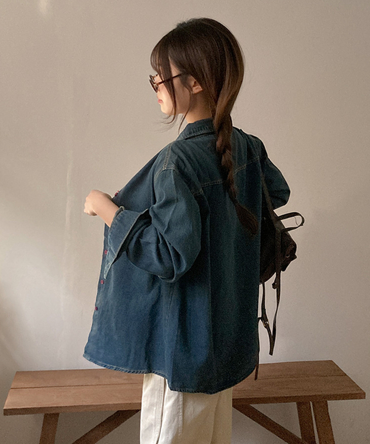 콜로 레드 버튼 포인트 루즈핏 탄탄 데님 청 셔츠 진청