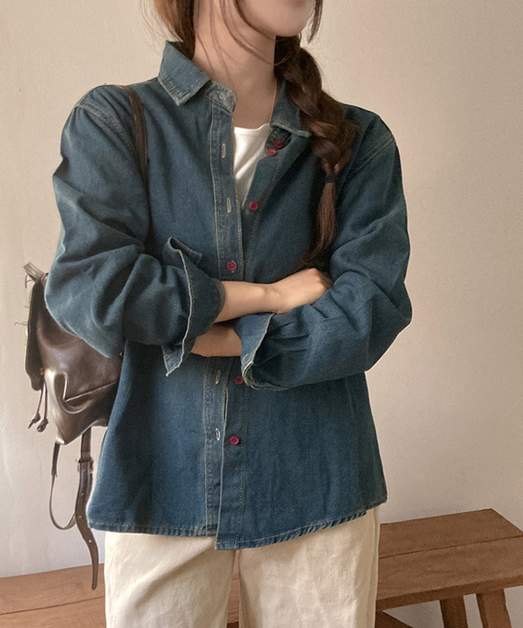 콜로 레드 버튼 포인트 루즈핏 탄탄 데님 청 셔츠 진청