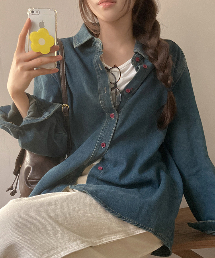 콜로 레드 버튼 포인트 루즈핏 탄탄 데님 청 셔츠 진청