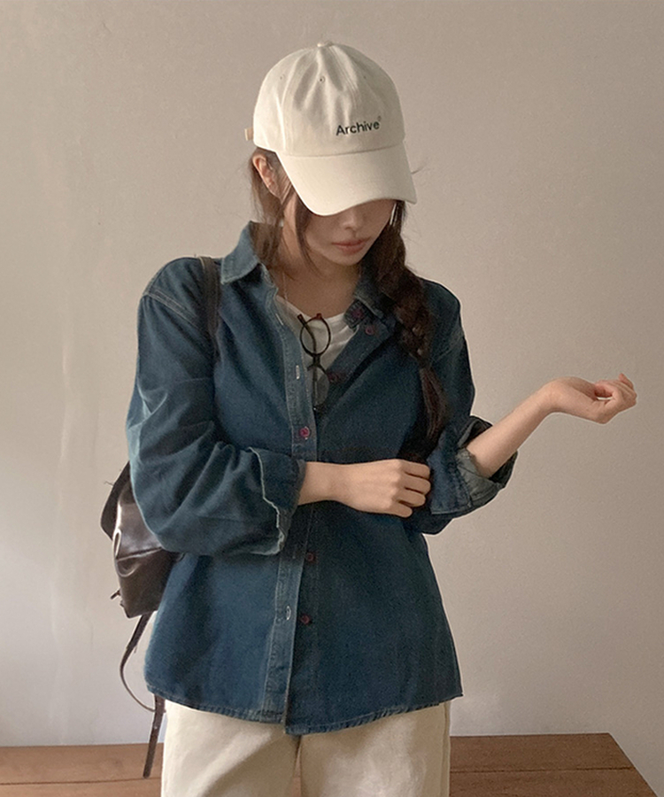 콜로 레드 버튼 포인트 루즈핏 탄탄 데님 청 셔츠 진청