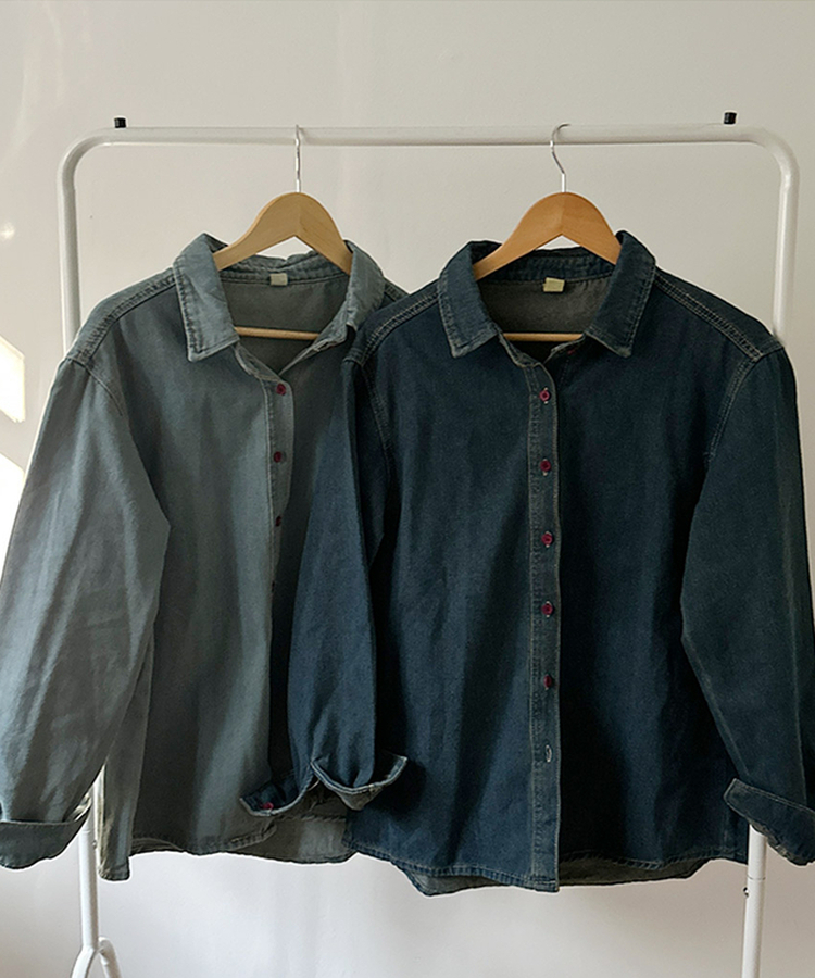 콜로 레드 버튼 포인트 루즈핏 탄탄 데님 청 셔츠