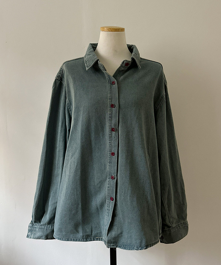 콜로 레드 버튼 포인트 루즈핏 탄탄 데님 청 셔츠