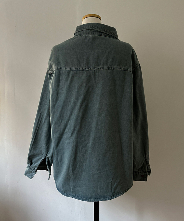 콜로 레드 버튼 포인트 루즈핏 탄탄 데님 청 셔츠