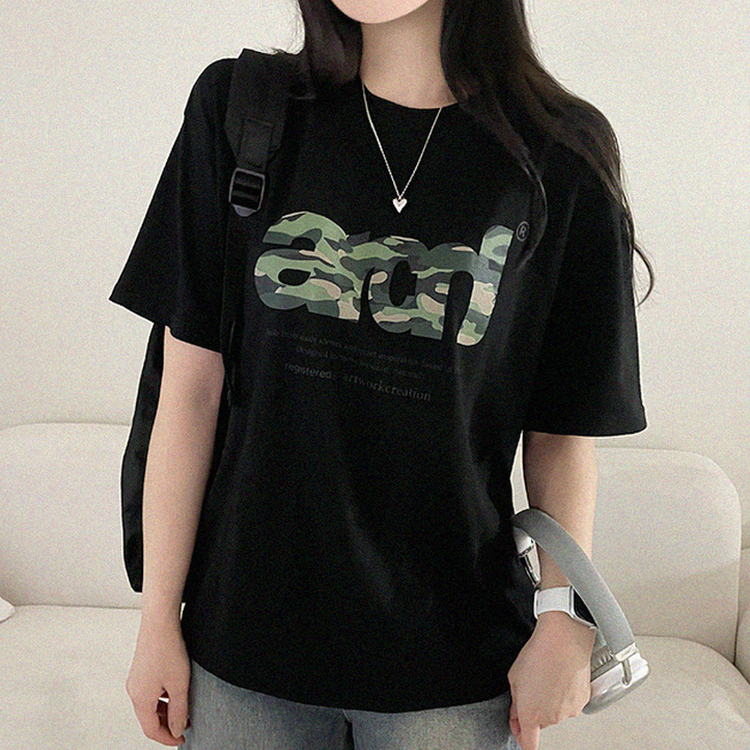 ミリタリープリントオーバー半袖Tシャツ BLACK