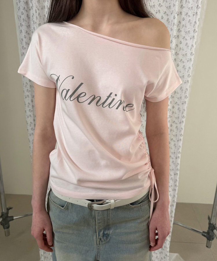 オフショルダーシャーリング半袖Tシャツ(5color) PINK