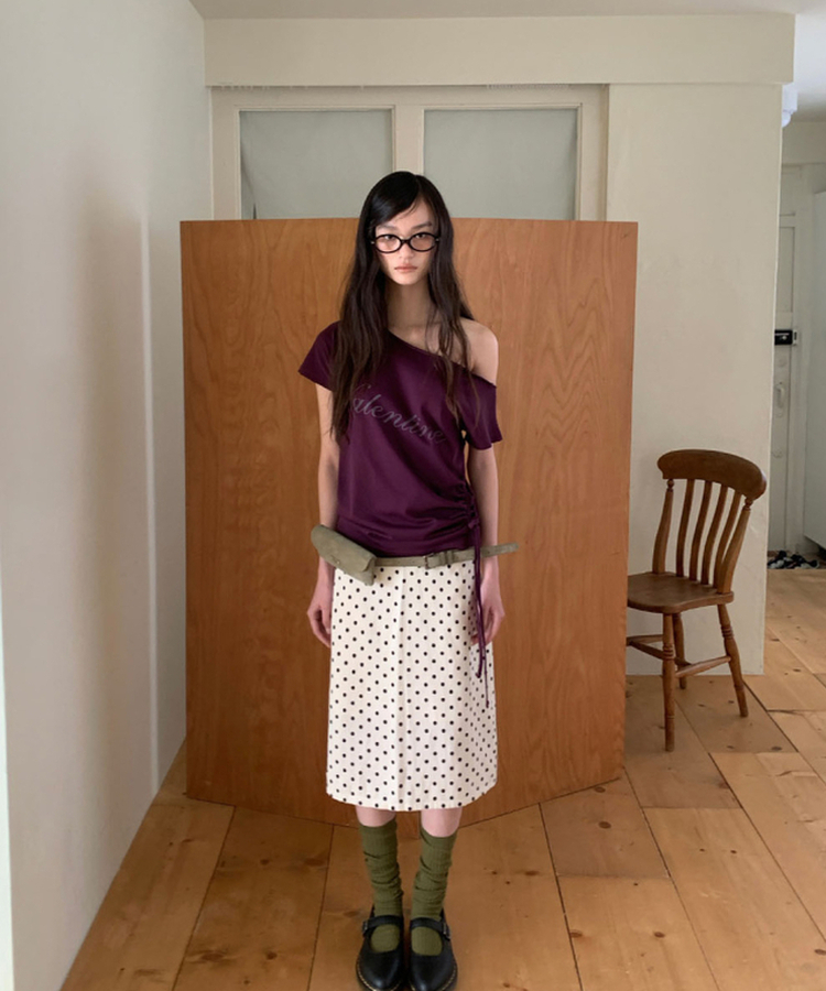 オフショルダーシャーリング半袖Tシャツ(5color) PURPLE