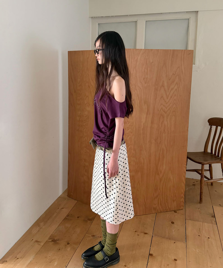 オフショルダーシャーリング半袖Tシャツ(5color) PURPLE