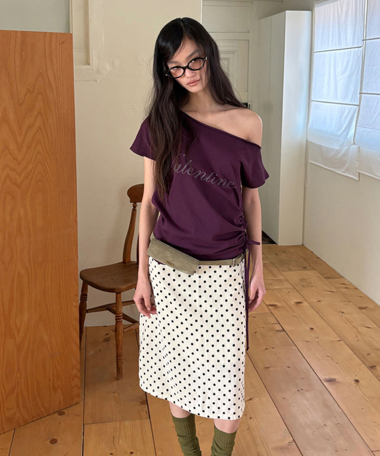 オフショルダーシャーリング半袖Tシャツ(5color) PURPLE