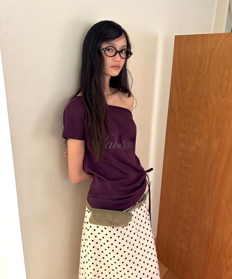 オフショルダーシャーリング半袖Tシャツ(5color) PURPLE