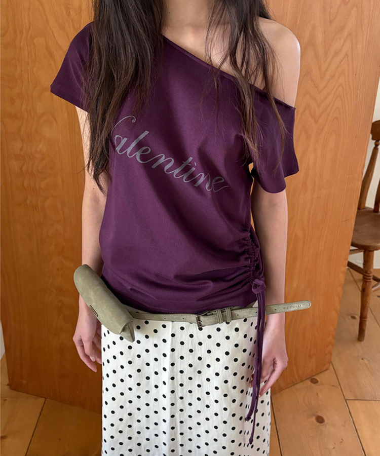 オフショルダーシャーリング半袖Tシャツ(5color) PURPLE