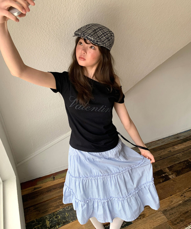 オフショルダーシャーリング半袖Tシャツ(5color) BLACK