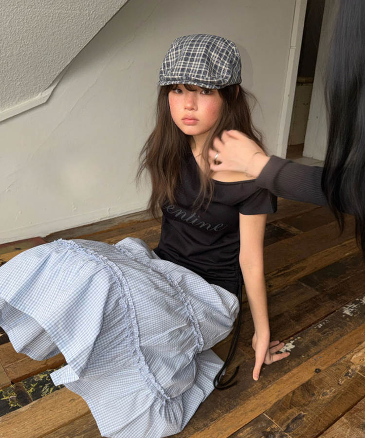 オフショルダーシャーリング半袖Tシャツ(5color) BLACK