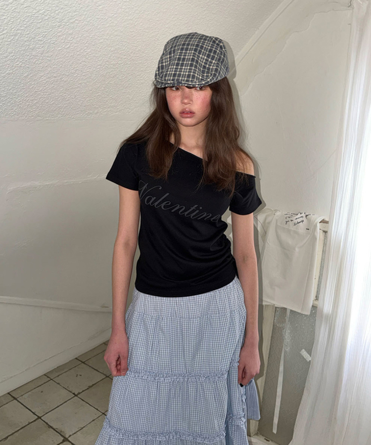 オフショルダーシャーリング半袖Tシャツ(5color) BLACK