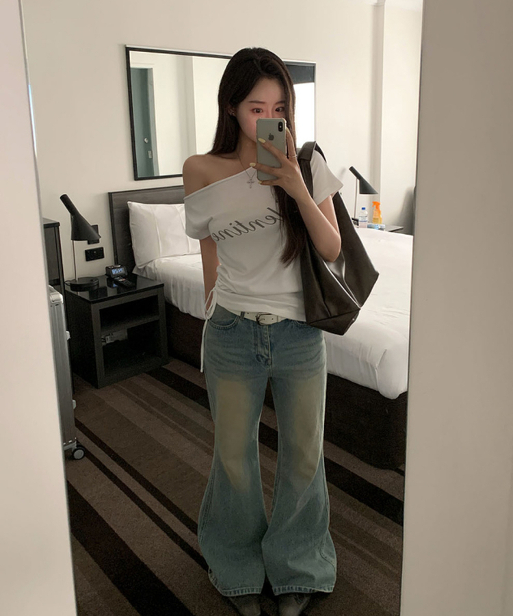 オフショルダーシャーリング半袖Tシャツ(5color) WHITE