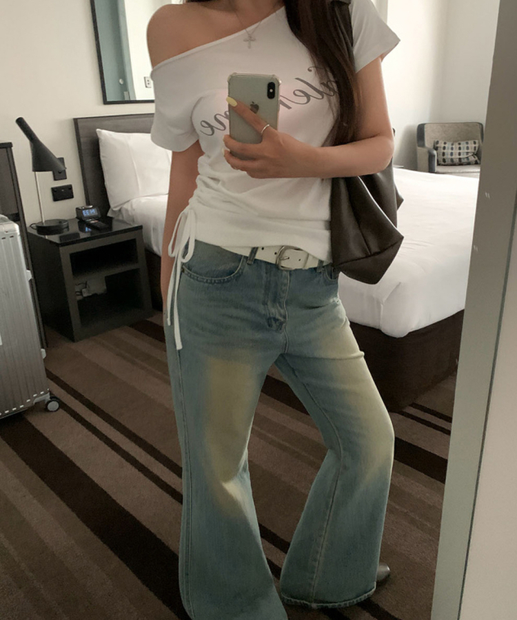 オフショルダーシャーリング半袖Tシャツ(5color) WHITE