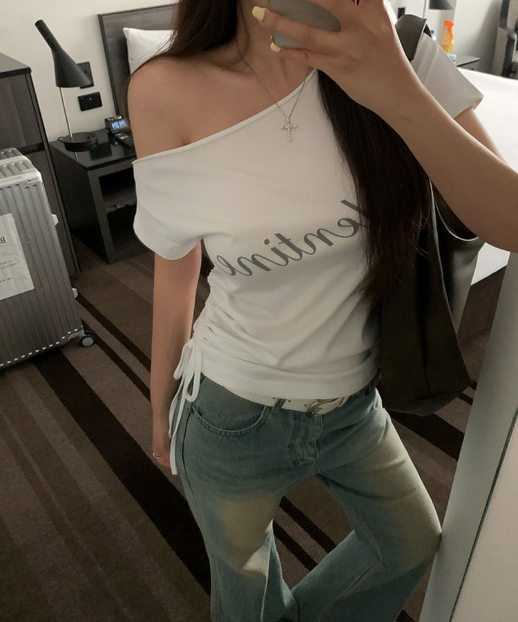 オフショルダーシャーリング半袖Tシャツ(5color) WHITE