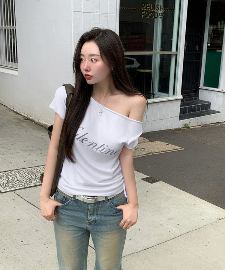 オフショルダーシャーリング半袖Tシャツ(5color) WHITE