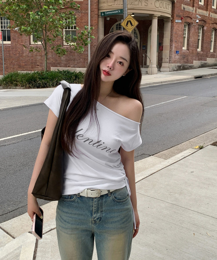 オフショルダーシャーリング半袖Tシャツ(5color) WHITE