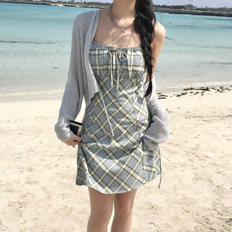 リボンチェックキャミソールミニワンピース SKY BLUE