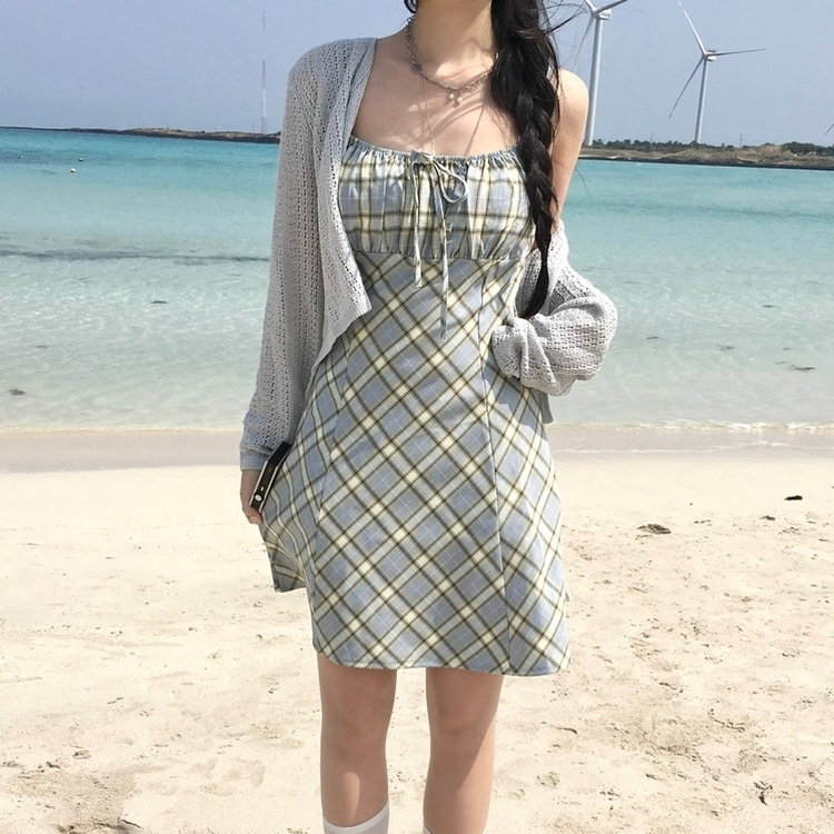 リボンチェックキャミソールミニワンピース SKY BLUE