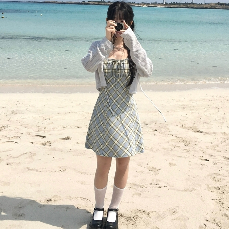 リボンチェックキャミソールミニワンピース SKY BLUE