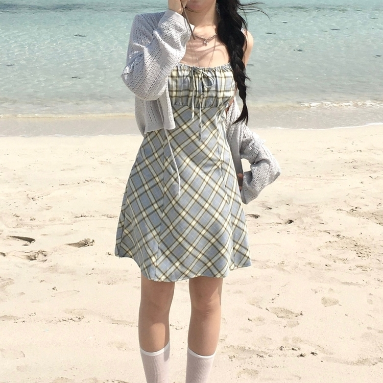 リボンチェックキャミソールミニワンピース SKY BLUE