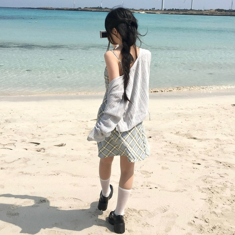 リボンチェックキャミソールミニワンピース SKY BLUE